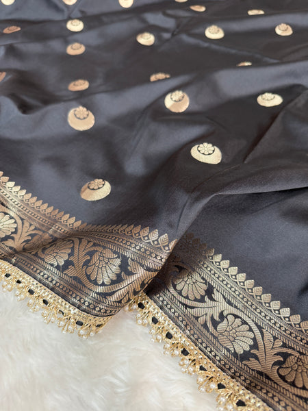 Charcoal Black Chand Tara Soft Semi Katan Silk Banarasi Saree