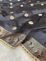 Charcoal Black Chand Tara Soft Semi Katan Silk Banarasi Saree