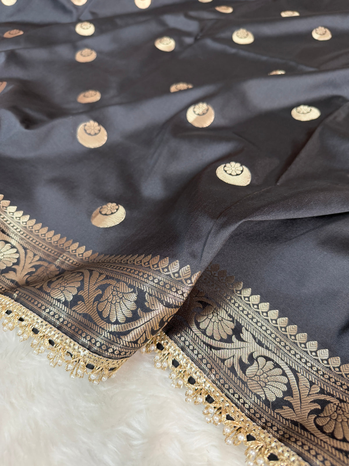 Charcoal Black Chand Tara Soft Semi Katan Silk Banarasi Saree