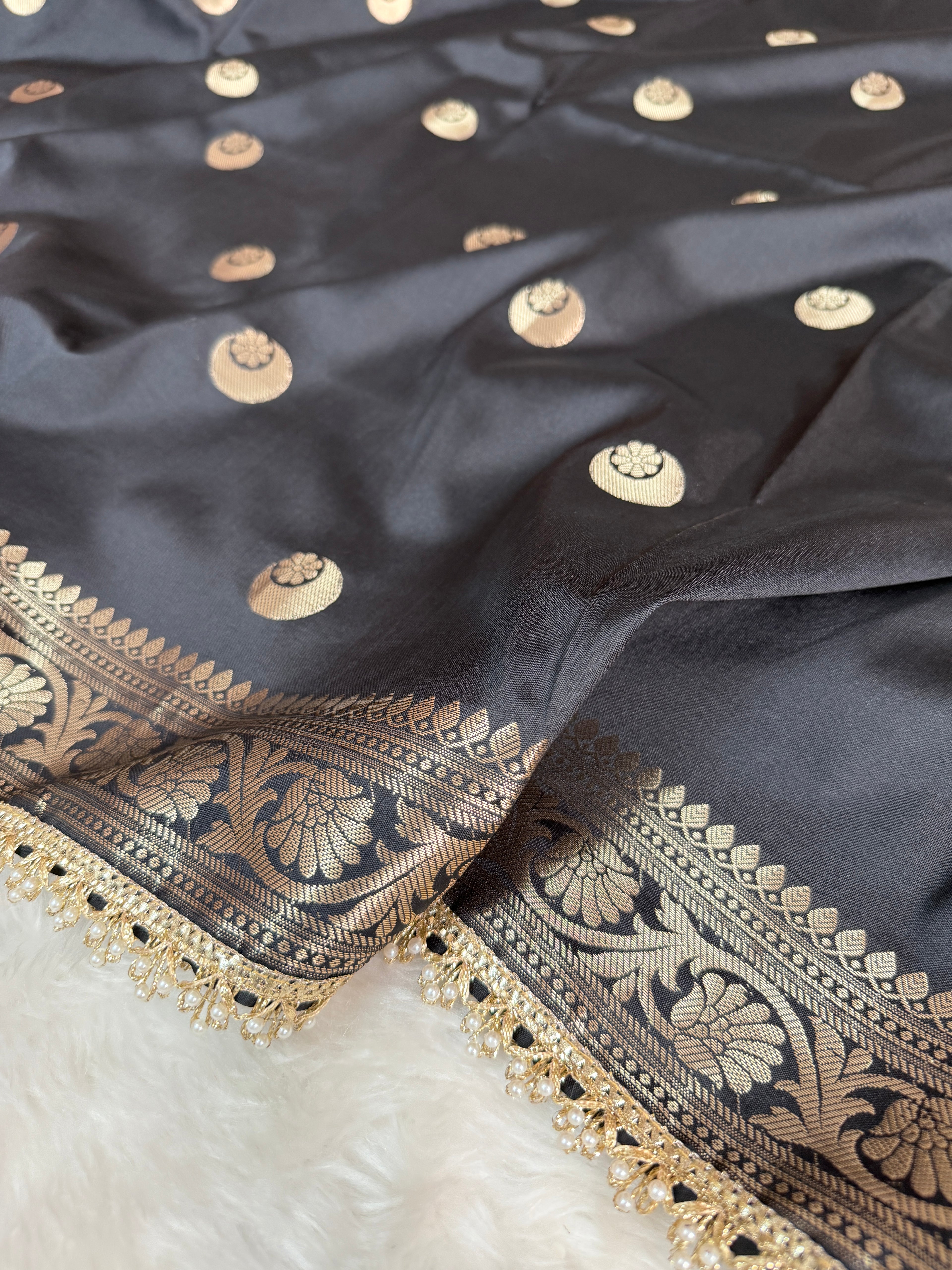 Charcoal Black Chand Tara Soft Semi Katan Silk Banarasi Saree
