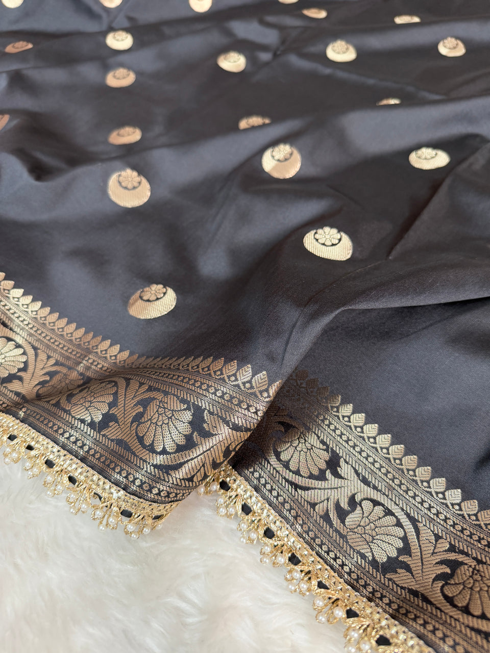 Charcoal Black Chand Tara Soft Semi Katan Silk Banarasi Saree