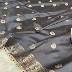 Charcoal Black Chand Tara Soft Semi Katan Silk Banarasi Saree