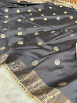 Charcoal Black Chand Tara Soft Semi Katan Silk Banarasi Saree