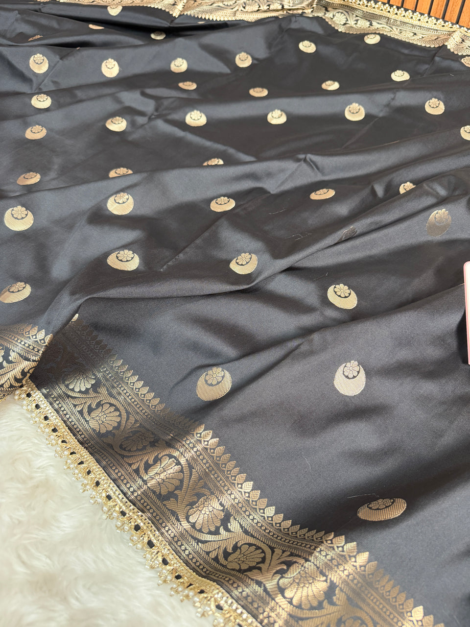 Charcoal Black Chand Tara Soft Semi Katan Silk Banarasi Saree