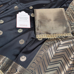 Charcoal Black Chand Tara Soft Semi Katan Silk Banarasi Saree