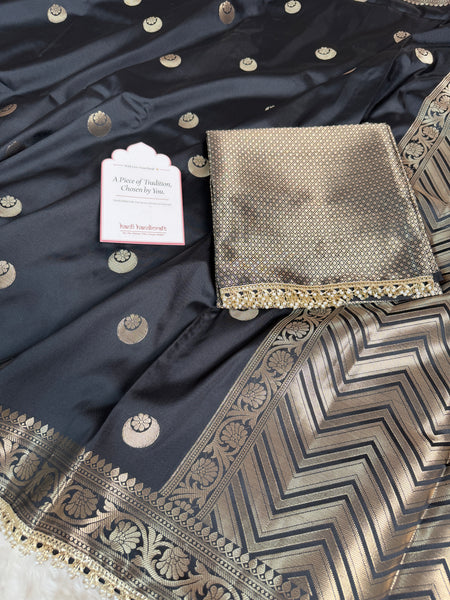 Charcoal Black Chand Tara Soft Semi Katan Silk Banarasi Saree