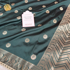 Bottle Green Chand Tara Soft Semi Katan Silk Banarasi Saree