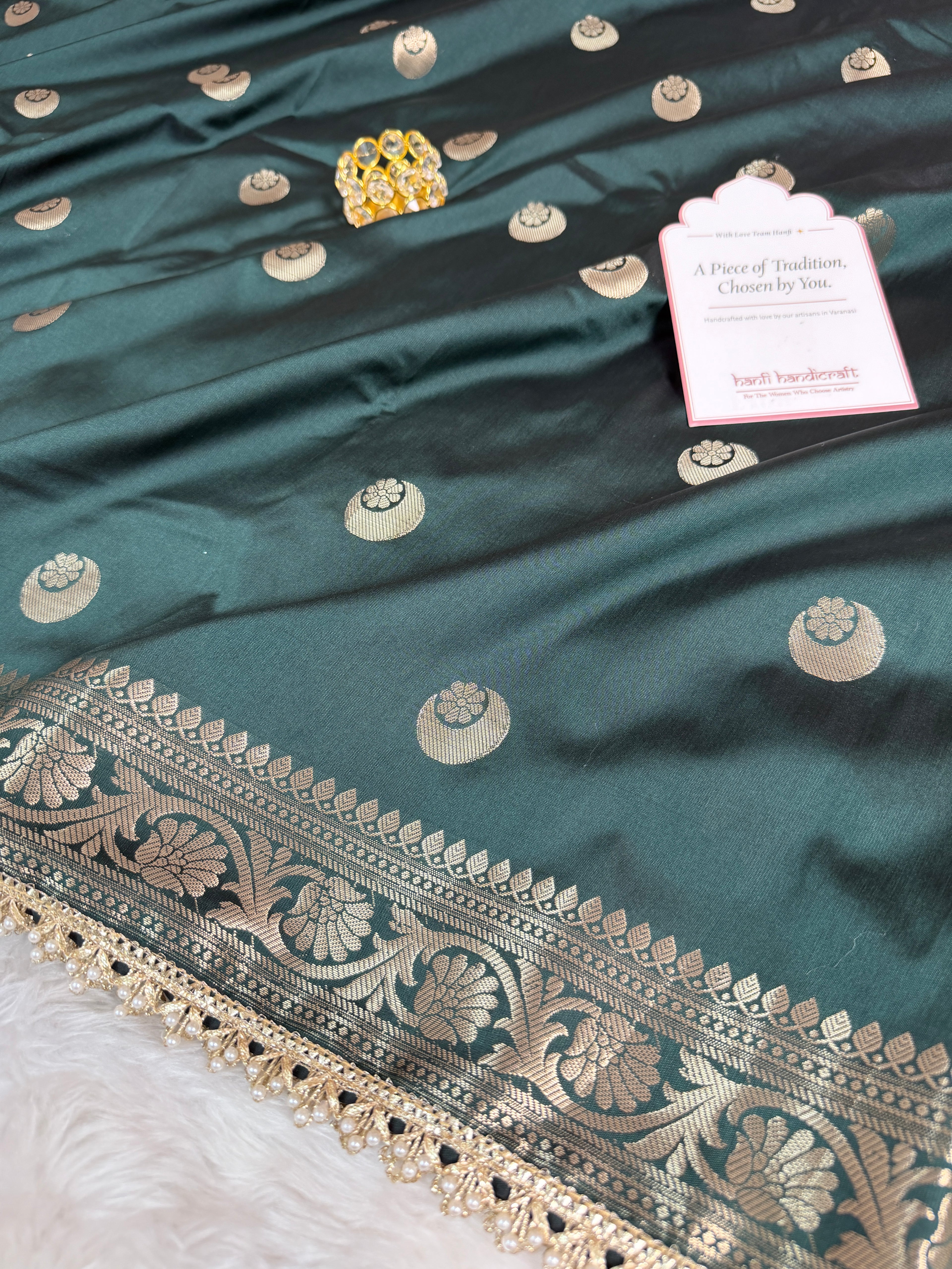 Bottle Green Chand Tara Soft Semi Katan Silk Banarasi Saree