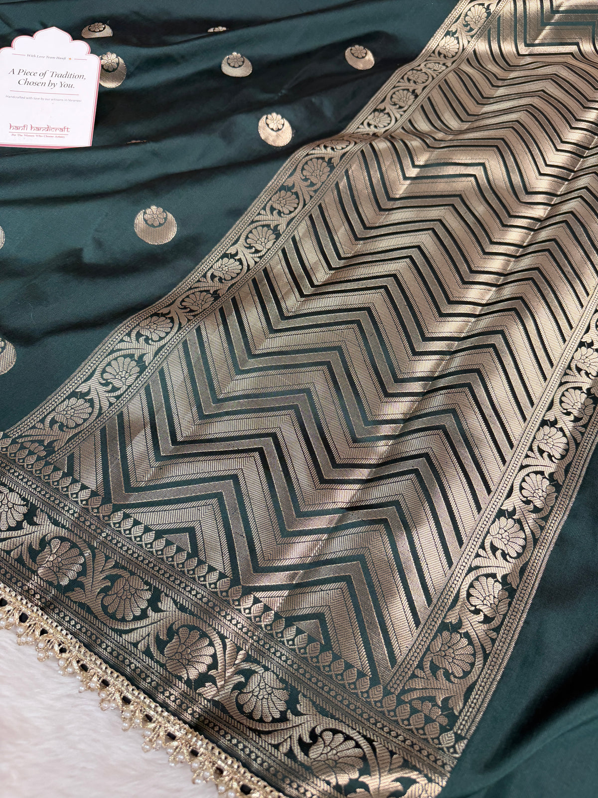 Bottle Green Chand Tara Soft Semi Katan Silk Banarasi Saree