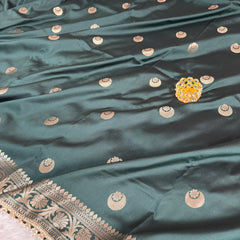 Bottle Green Chand Tara Soft Semi Katan Silk Banarasi Saree