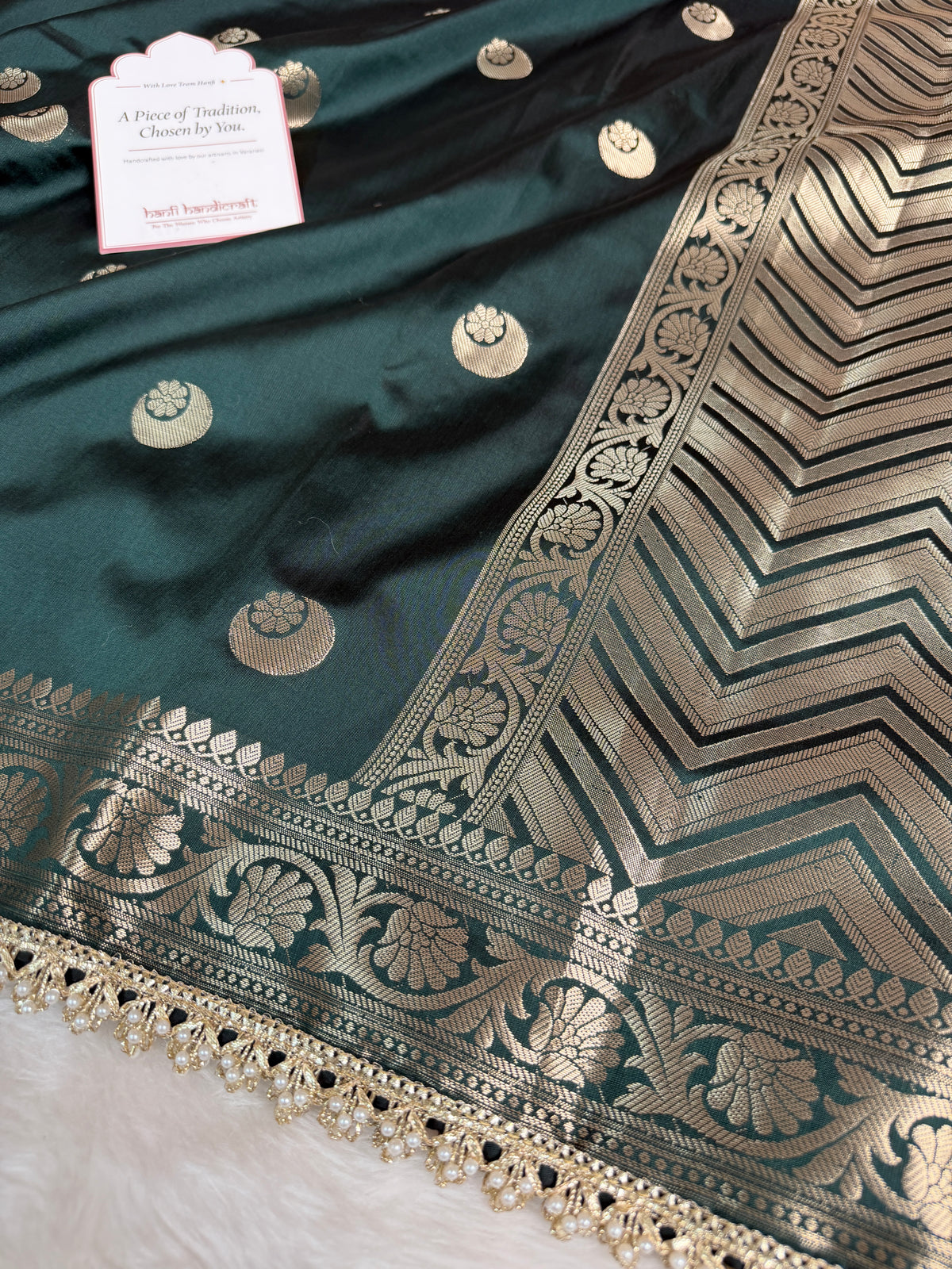 Bottle Green Chand Tara Soft Semi Katan Silk Banarasi Saree
