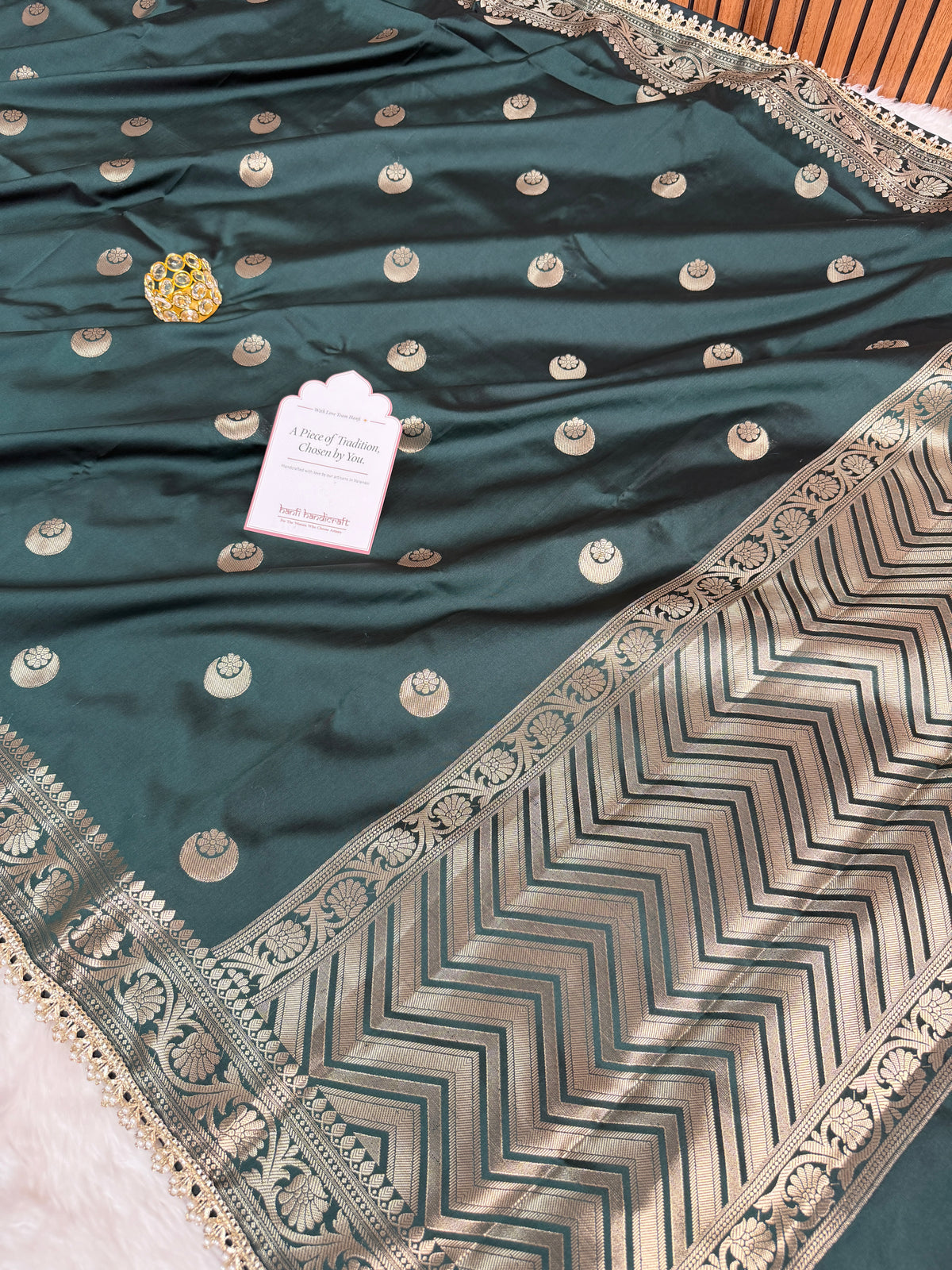 Bottle Green Chand Tara Soft Semi Katan Silk Banarasi Saree