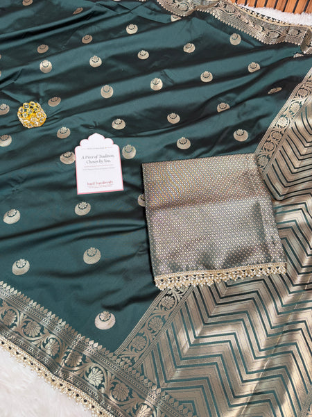 Bottle Green Chand Tara Soft Semi Katan Silk Banarasi Saree