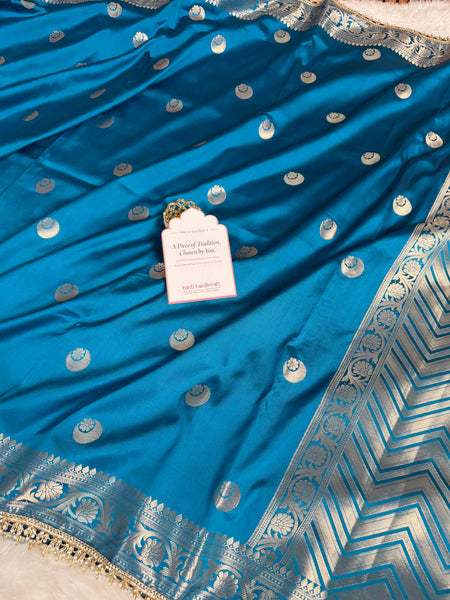 Peacock Blue Chand Tara Soft Semi Katan Silk Banarasi Saree