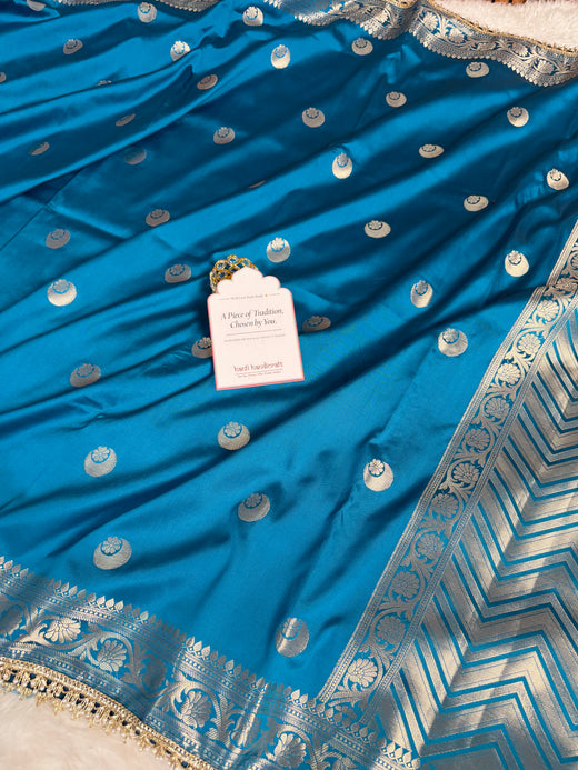 Peacock Blue Chand Tara Soft Semi Katan Silk Banarasi Saree