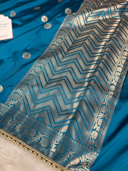 Peacock Blue Chand Tara Soft Semi Katan Silk Banarasi Saree