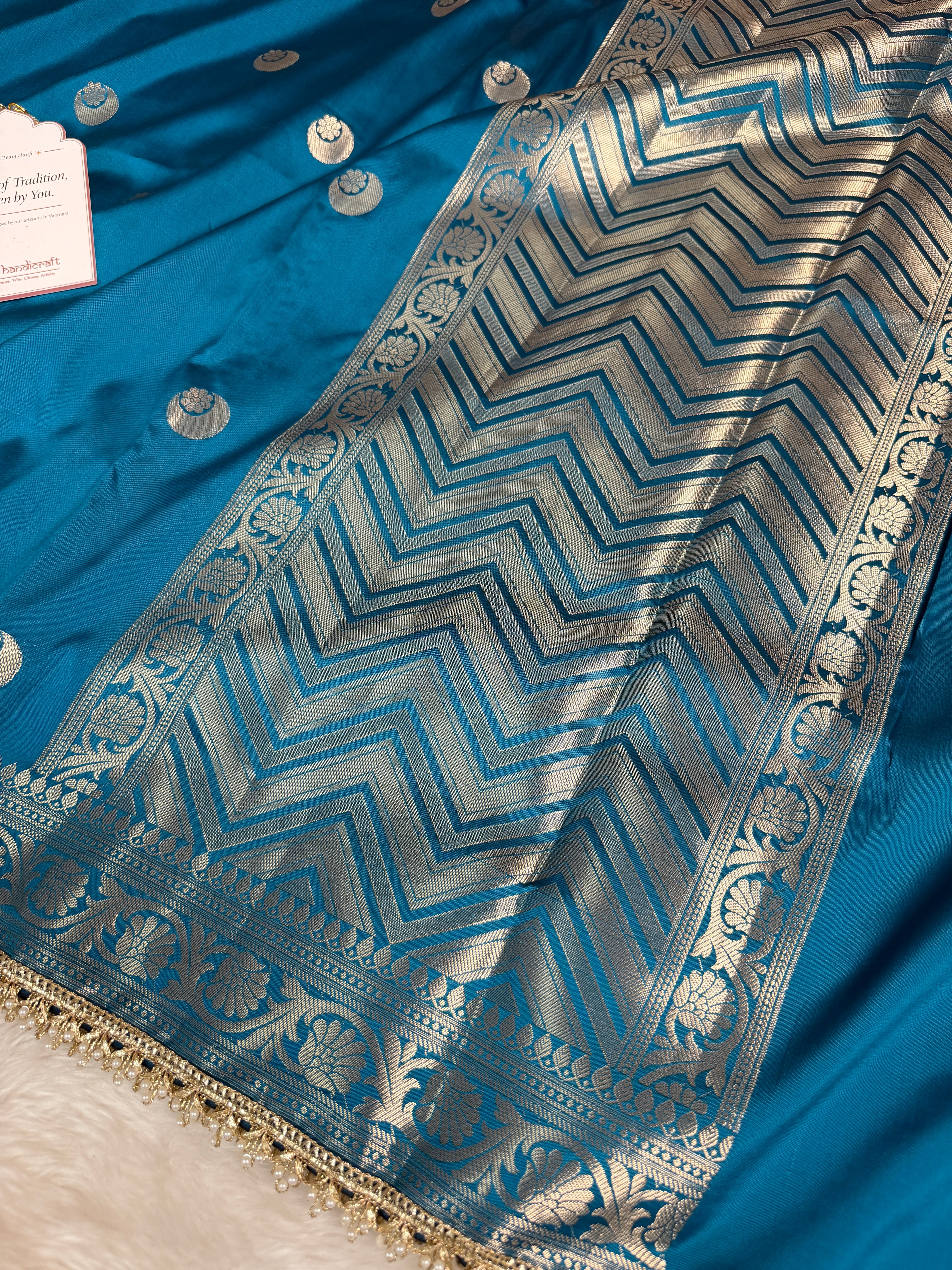 Peacock Blue Chand Tara Soft Semi Katan Silk Banarasi Saree