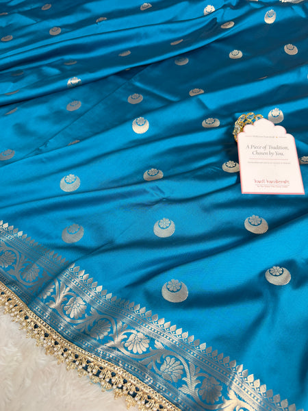 Peacock Blue Chand Tara Soft Semi Katan Silk Banarasi Saree