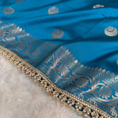 Peacock Blue Chand Tara Soft Semi Katan Silk Banarasi Saree