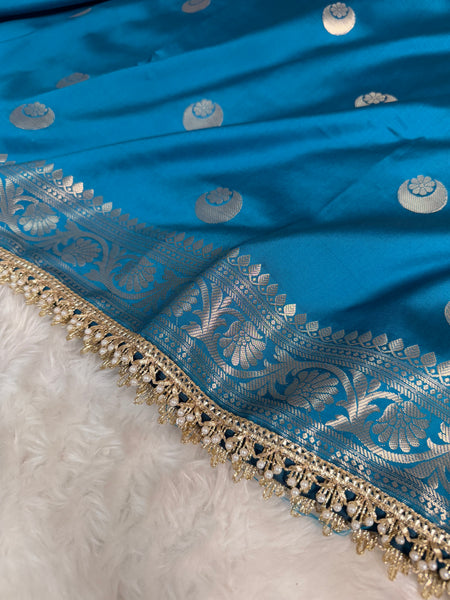Peacock Blue Chand Tara Soft Semi Katan Silk Banarasi Saree