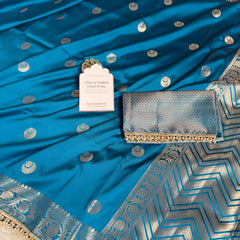 Peacock Blue Chand Tara Soft Semi Katan Silk Banarasi Saree