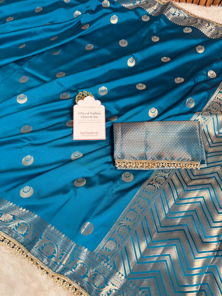 Peacock Blue Chand Tara Soft Semi Katan Silk Banarasi Saree