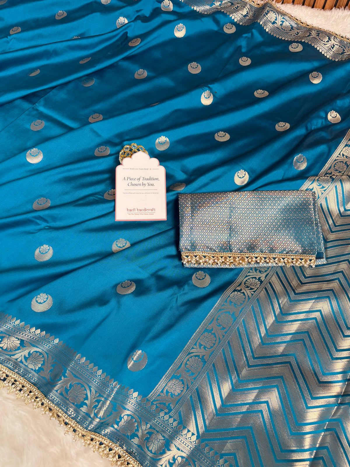 Peacock Blue Chand Tara Soft Semi Katan Silk Banarasi Saree