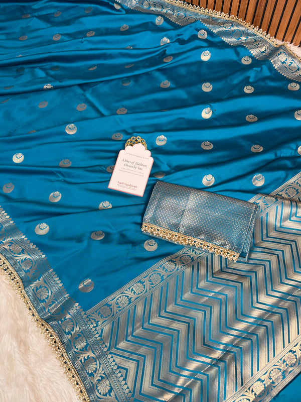 Peacock Blue Chand Tara Soft Semi Katan Silk Banarasi Saree