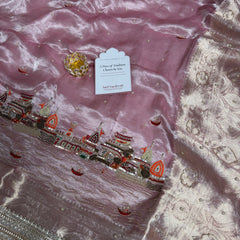 Baby Pink Banarasi Ghat Hand Zardozi Pure Tissue Silk Saree
