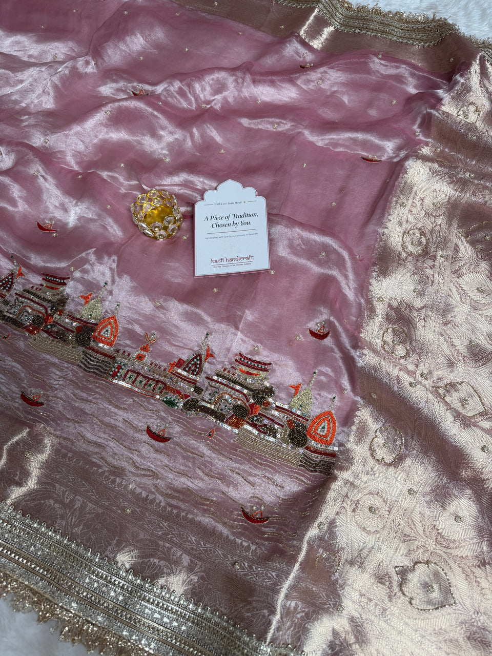 Baby Pink Banarasi Ghat Hand Zardozi Pure Tissue Silk Saree
