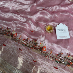 Baby Pink Banarasi Ghat Hand Zardozi Pure Tissue Silk Saree