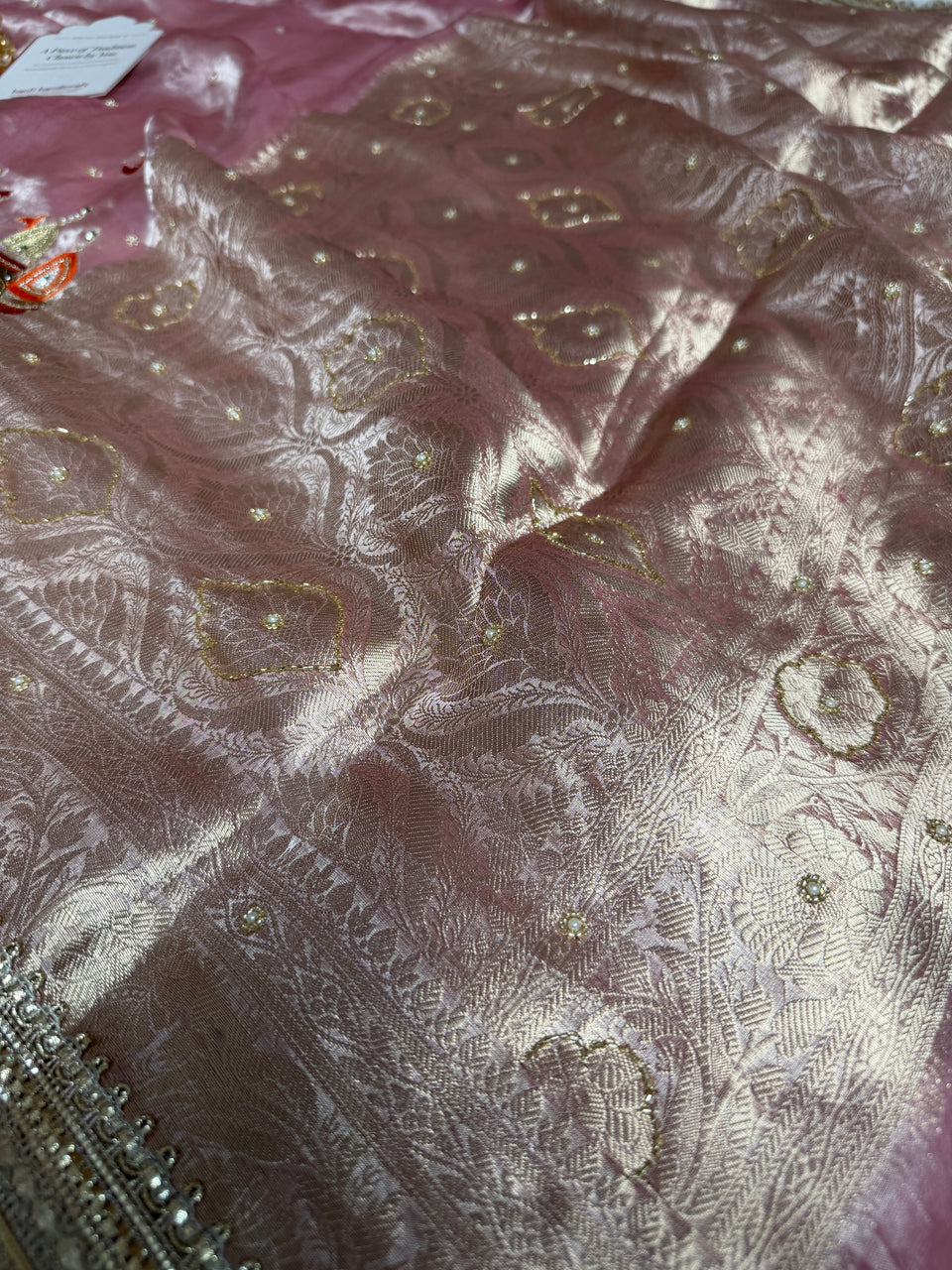 Baby Pink Banarasi Ghat Hand Zardozi Pure Tissue Silk Saree