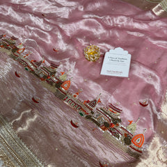 Baby Pink Banarasi Ghat Hand Zardozi Pure Tissue Silk Saree