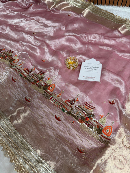 Baby Pink Banarasi Ghat Hand Zardozi Pure Tissue Silk Saree