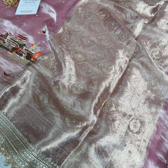 Baby Pink Banarasi Ghat Hand Zardozi Pure Tissue Silk Saree