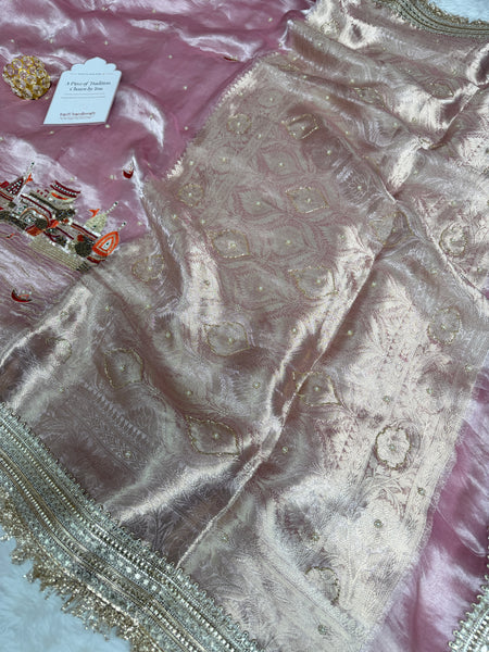 Baby Pink Banarasi Ghat Hand Zardozi Pure Tissue Silk Saree