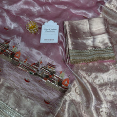 Baby Pink Banarasi Ghat Hand Zardozi Pure Tissue Silk Saree