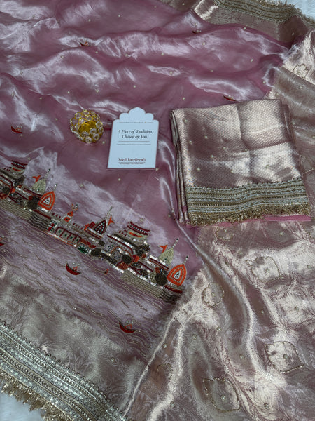 Baby Pink Banarasi Ghat Hand Zardozi Pure Tissue Silk Saree
