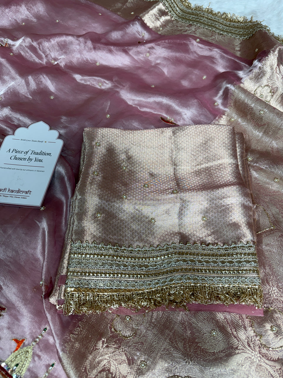Baby Pink Banarasi Ghat Hand Zardozi Pure Tissue Silk Saree