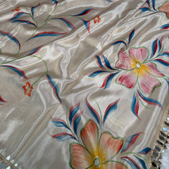 Ivory Designer Edit Hand-Brushed Floral Shimmery Tissue Saree