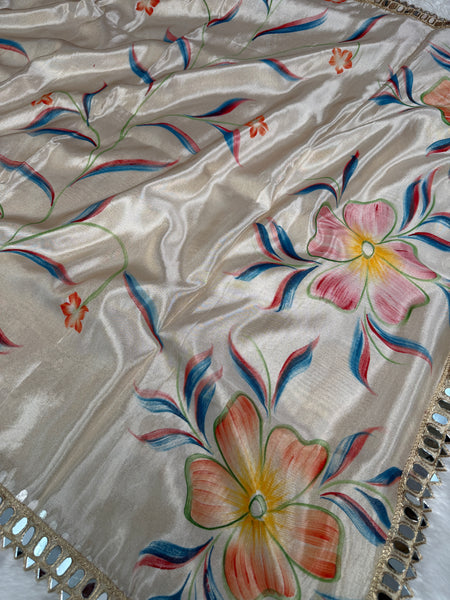 Ivory Designer Edit Hand-Brushed Floral Shimmery Tissue Saree