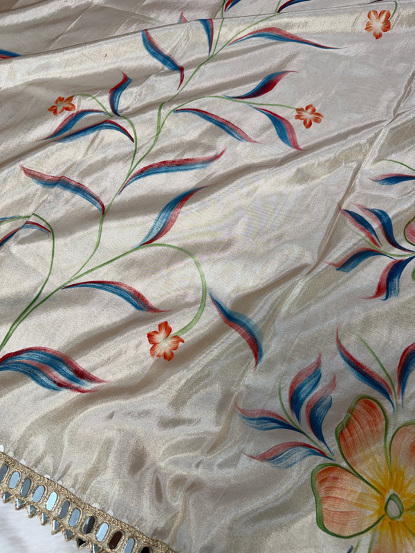 Ivory Designer Edit Hand-Brushed Floral Shimmery Tissue Saree