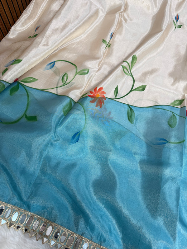 Aqua Ivory Designer Edit Hand-Brushed Floral Shimmery Tissue Saree