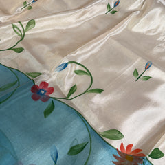 Aqua Ivory Designer Edit Hand-Brushed Floral Shimmery Tissue Saree