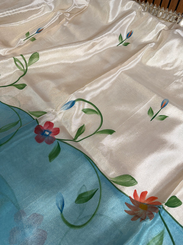 Aqua Ivory Designer Edit Hand-Brushed Floral Shimmery Tissue Saree
