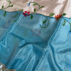 Aqua Ivory Designer Edit Hand-Brushed Floral Shimmery Tissue Saree