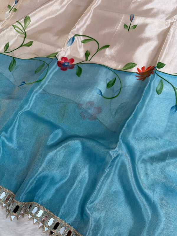 Aqua Ivory Designer Edit Hand-Brushed Floral Shimmery Tissue Saree