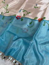 Aqua Ivory Designer Edit Hand-Brushed Floral Shimmery Tissue Saree