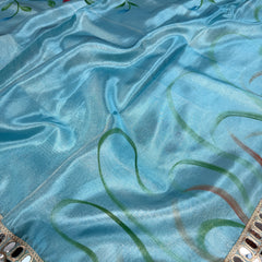Aqua Ivory Designer Edit Hand-Brushed Floral Shimmery Tissue Saree