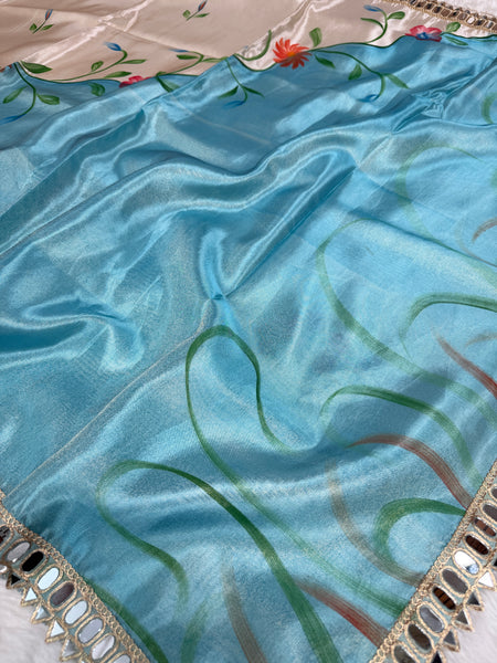 Aqua Ivory Designer Edit Hand-Brushed Floral Shimmery Tissue Saree